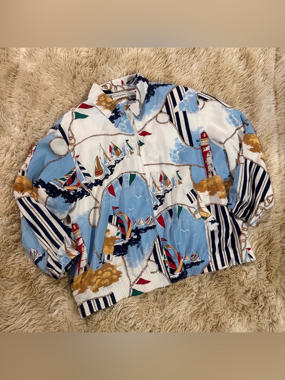 Vtg Alfred Dunner Nautical Zip Jacket Sailboat Lighthouse Rope Print 80s 90s L